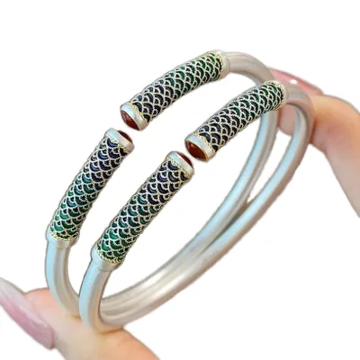 BOCAI Retro Guofeng Bracelet 999.9 Silver Gold Enamel Fish Scale Solid Counterpart Animal Shape Gold Plated Wholesale Gift