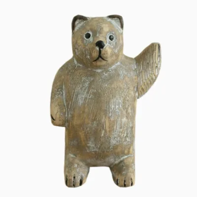 Retro Distressed Hand Carved Animal Ornament Desktop Home Tabletop Decor Solid Wood Bear Figurine