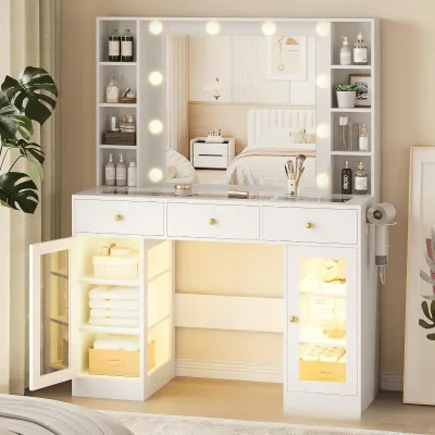 Jiangpai White Wood Dresser Illuminated Mirror Charging Station Eco-Friendly Durable Contemporary Design Girls' Bedroom 3