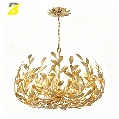 Gold Metal Olive Leaf Chandelier with Floral Canopy for French Country Dining Room and Bedroom Vintage Pendant Light