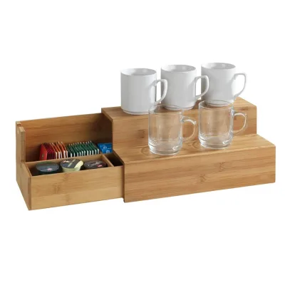 Ladder Design Bamboo Tea Bag Organizer Bin Tea Coffee Storage Caddy with Drawer