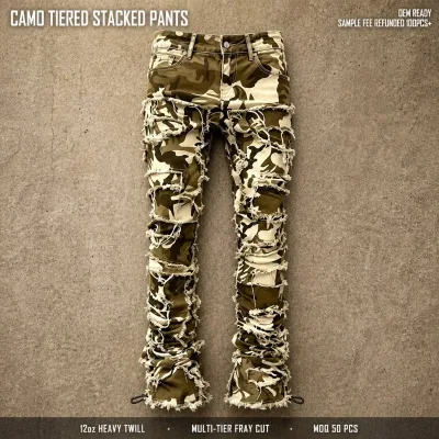 Custom 12oz Heavy Twill Desert Camo Multi-Tier Fray Cut Stacked Pants OEM ODM Manufacturer Private Label Fast Atelier for Brands