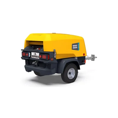 Atlas Copco 175 psi Yuchai small diesel trailer-mounted XAHS450 air compressor is used for blasting operations.