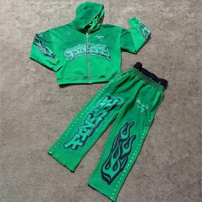 DCY Unisex Autumn Acid Wash 100% Cotton Breathable Print Zipper Hoodie Sets Flare Jogger & Short Hoodie Sets