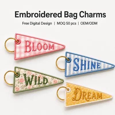 Custom Pennant Embroidered Bag Charms Personalized Fabric Keychains for Tote Bags Gifts OEM ODM Bulk Supplier Pack