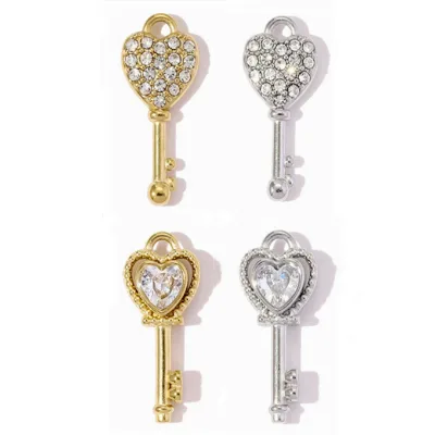 Stainless Steel Metal Crystal Key Shape Pendant for Necklace Making Heart-shaped Love Key Charm
