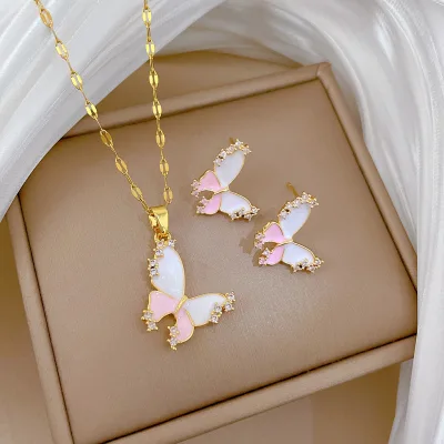 Wholesale Oil-dripping Pink Butterfly Pendant Necklace Earrings Set Handmade Minimalist Stainless Steel Jewelry Set for Women