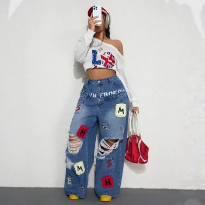 Western High Street Ripped Jeans Women Wide-Leg Double Waistband Letter Patch Floor-Length Loose Straight-Leg Fit Spandex/Cotton