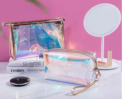 Factory Wholesale Fashion Waterproof Holographic Laser TPU PVC Cosmetic Bag Hologram Iridescent Travel Makeup Bags Custom Logo