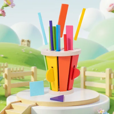 Wooden 3-in-1 Shape Matching Toy Color Recognition Building Blocks Game Sorting Box Shape Matching Stick Strip Educational Toy