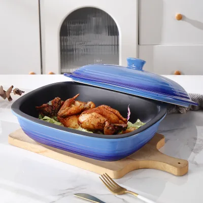 Ceramic Pie Dish Oven Safe Large Capacity Baking Dish for Cheese Casserole Gradient Blue American Style Home Kitchen Use