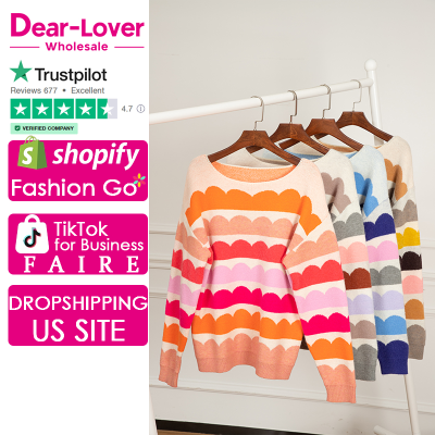 Dear-Lover Winter Rose Red Wave Striped Balloon Sleeve Drop Shoulder Sweater Woman