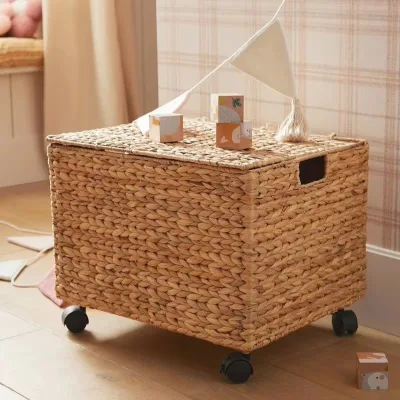 Eco-friendly and Functional Design Woven Water Hyacinth Trunk on Black Wheel for Home Organization