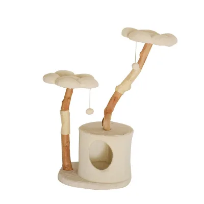Classic Natural Fruitwood Cat Tree With Two Petal Cat Beds Two Hanging Balls One Cat House