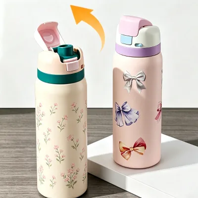 Wholesale Custom logo Insulated Vacuum Travel Thermoses Stainless Steel Water Bottles with Lid Straw for Travel Portable