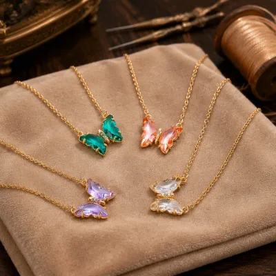 HOVANCI Colorful Glass Crystal 18K Gold Plated Stainless Steel Chain Green Jade butterfly Necklace