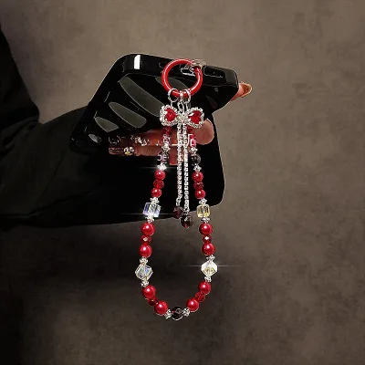 Luxury Sparkling Rhinestone Bow Tassel Crystal Beaded Short Phone Wrist Lanyard, Elegant Decorative Phone Strap
