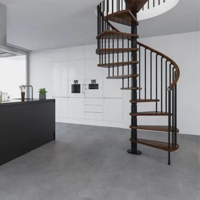 Spiral Staircase Wood Indoor with Black Stringer and Vertical Post Railing