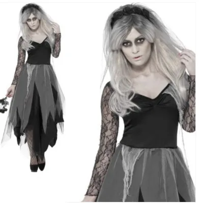 2024 Halloween Costumes Women Plus Size Gothic Vintage Dress Skull Lace Bell Sleeve Sexy Zombie Vampires Ghost Bride Cosplay
