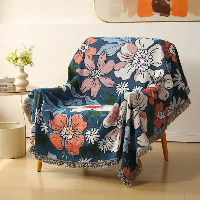 High Quality Eco-Friendly Floral Lounge Blanket Polyester Cotton Woven Lightweight Portable Modern All-season