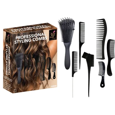Professional Salon-Quality Plastic Hair Brush Set All-in-One Care Accessories Including Detangling Brush Styling Tools Black