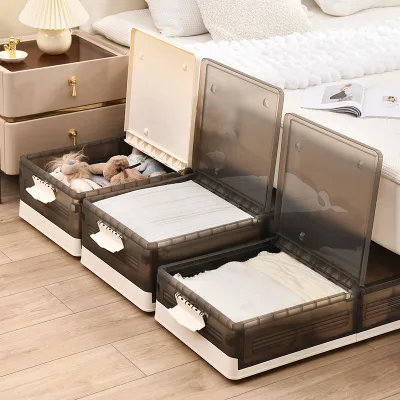 Foldable Plastic Storage Box with Wheels Under Bed Large Capacity Bedroom Clear Organizer Contain Under Bed Organizer Bins
