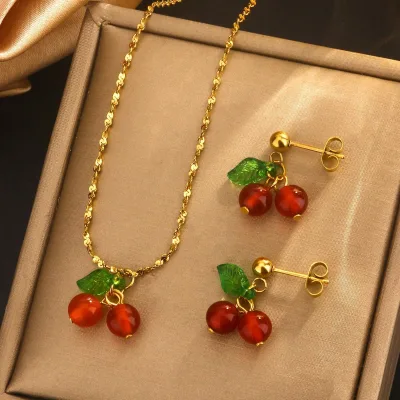 Bestseller Sweet-Style Cherry Shaped Electroplated Stainless Steel Necklace/Earrings Set Non-Fading Women