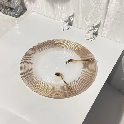 Transparent Gold Rim Concentric Circle Texture Plastic Charger Plate Round Radial Striped Decorative Underplate Table Setting