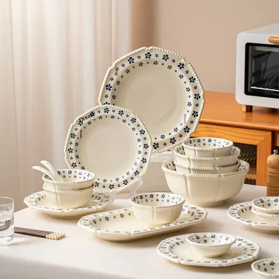 Vintage Bead Blue Cherry Blossom Plant Pattern Modern Retro Ceramic Tableware Rice Bowl Dish Plate Set