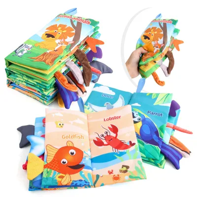Soft Infant Cloth Book for Early English Education Ringing Paper Tail with Ocean & Forest Theme Safe for Baby's Palm