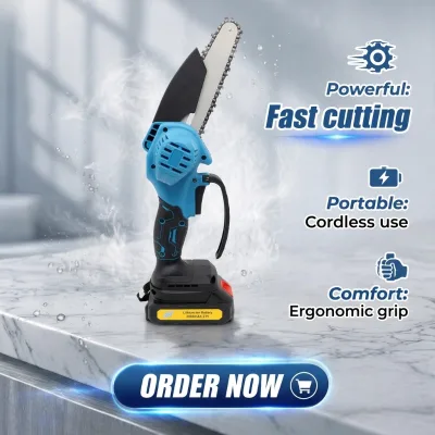 Portable Handheld Lithium-Ion Battery Powered Electric Chain Saw 21V Compact Wood Cutting Tool Featuring 4-8 Inches Guide Plate