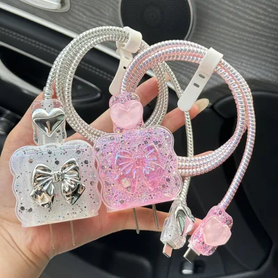 Cable Protector Charger Wire Saver 18W/20W USB-C Charger Line Protector 3D Love Heart Bowknot Design for Girls Women