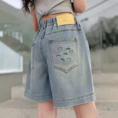 Girls' Denim Shorts Summer 2026 New Style Jeans Korean Style High Waist Elastic Closure Embroidered Letter Cartoon Polka Dot