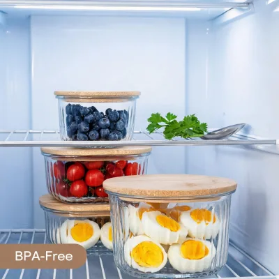 3-Pack Modern Ribbed Glass Lunch Box Bamboo Lid Airtight Leakproof Plastic-Free Rectangle Food Storage Container Meal Prep