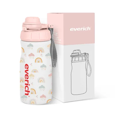 Everich 14oz Trendy Children Thermos Unbreakable Design Thumb Open Locking Cover Perfect for Daycare Picnics Outdoor Adventures