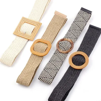 Round Square Buckle PP Wax Rope Braiding Women Skirt Belt Vintage Knitted Waist Belt Woven Elastic Raffia Belt for Lady