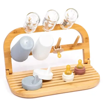 Foldable Double Tiers Bamboo Dish Drying Shelf Space-Saving Rack for Dishes Bowls Cups and Baby Bottles
