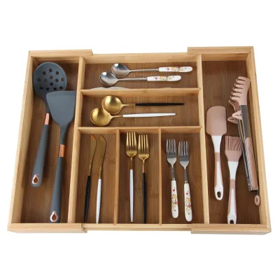 Bamboo Expandable Adjustable Kitchen Utensil Bamboo Cutlery Drawer Tray Organizer