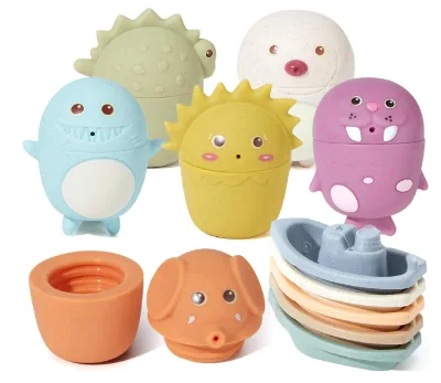 Baby Bath Toys Stacking Boats & Animal Squirter Bathtub Toys Sensory Bathtub Toys for Babies