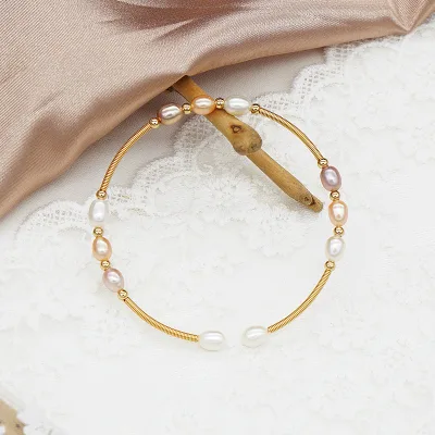 Adjustable Elegant 14K Gold Plated Wire Wound Nature Freshwater Pearl Opening Bangle Bracelet for Women Gift