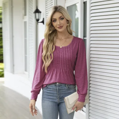 New Arrivals Women's Crew Neck Long Sleeve Top with Chest Stripe Detail Hot Selling European American Cross Border Apparel