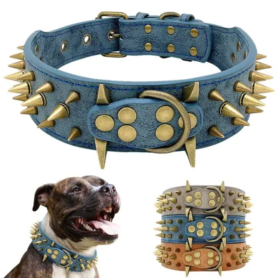 Rivet Brass Screw Spikes Large Working Dog Collar Necklace Luxury Adjustable Grey Leather Studded Spiked Dog Collar with Spikes