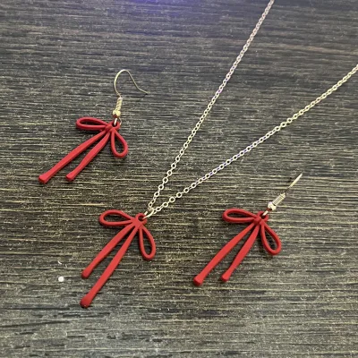 Red Bowknot Drop Earrings for Women Girls Earrings Necklace Piercing Ballet Ribbon Aesthetics Elegant Ear Jewelry Set Gifts