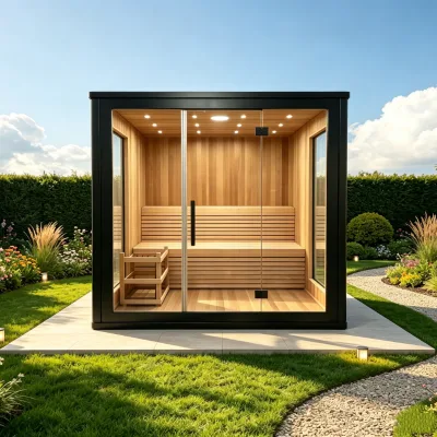Modern Black Frame Outdoor Sauna Cabin, Natural Wood Interior for Private Garden