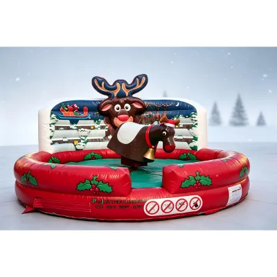 Rotating Mechanical Christmas Reindeer Rodeo Bull Style Game Complete Kit with Xmas Snow Town Inflatable Background Wall