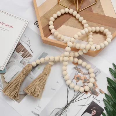 Farmhouse Wood Beads Garland Decor 58 Inch Wooden Beads Boho Home Decor with Tassels Rustic Country Decor for Table