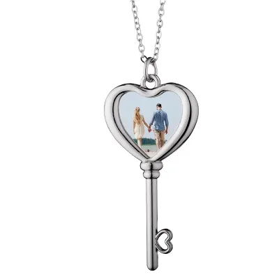 DIY Photo Heart Key Necklace Valentine's Day Gift Sublimation Zinc Alloy Customizable Romantic Accessory