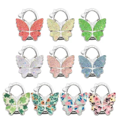 Factory Price Butterfly Purse Bag Hook Colorful Shimmery Butterfly Folding Zinc Alloy Hook Table Bag Hanger Hook Holder