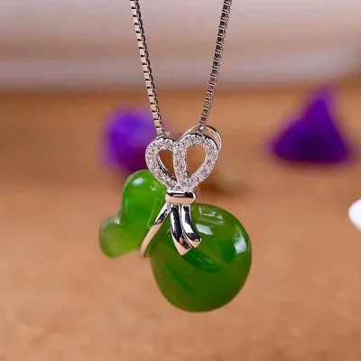 Luxury Natural Jade Necklace with 925 Silver Pendant Chinese Jewelry's Nephrite Jade Lucky Bag