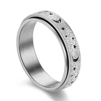 Stainless Steel Rings Moon and Star Ring Hollow Out Frosted Reduce Pressure Rotating Ring